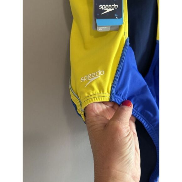 Speedo One Piece Swimsuit 12 Blue Yellow Gold Sporty PowerFlex Eco Splice Back - Picture 9 of 16